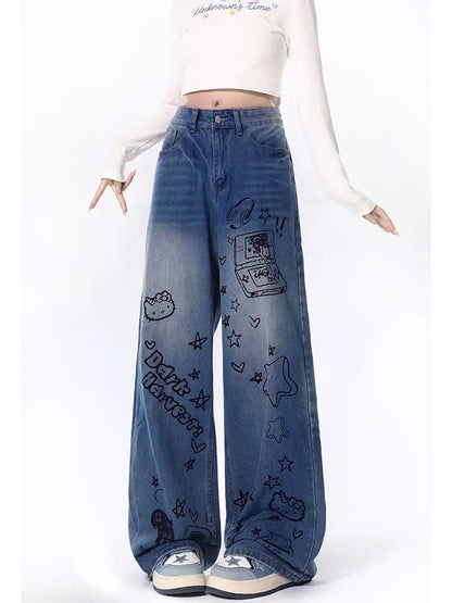 TAMBREET Sanrio Hello Kitty Jeans Graffiti Print Trousers Y2k Pants Student Casual Baggy Pants Washed Design Loose Hip Hop Sweatpants