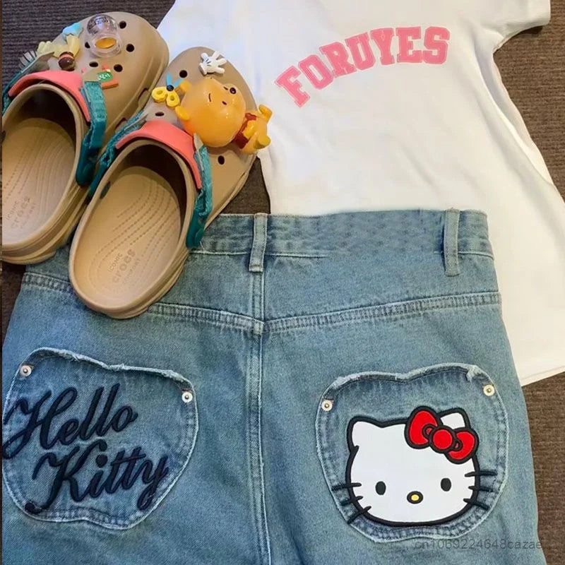 TAMBREET Sanrio Hello Kitty Jeans Women Cartoon Embreoideried Fashion Pants High Street Ripped Jeans Y2k Aesthetic Trend Denim Trousers