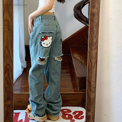 TAMBREET Sanrio Hello Kitty Jeans Women Cartoon Embreoideried Fashion Pants High Street Ripped Jeans Y2k Aesthetic Trend Denim Trousers