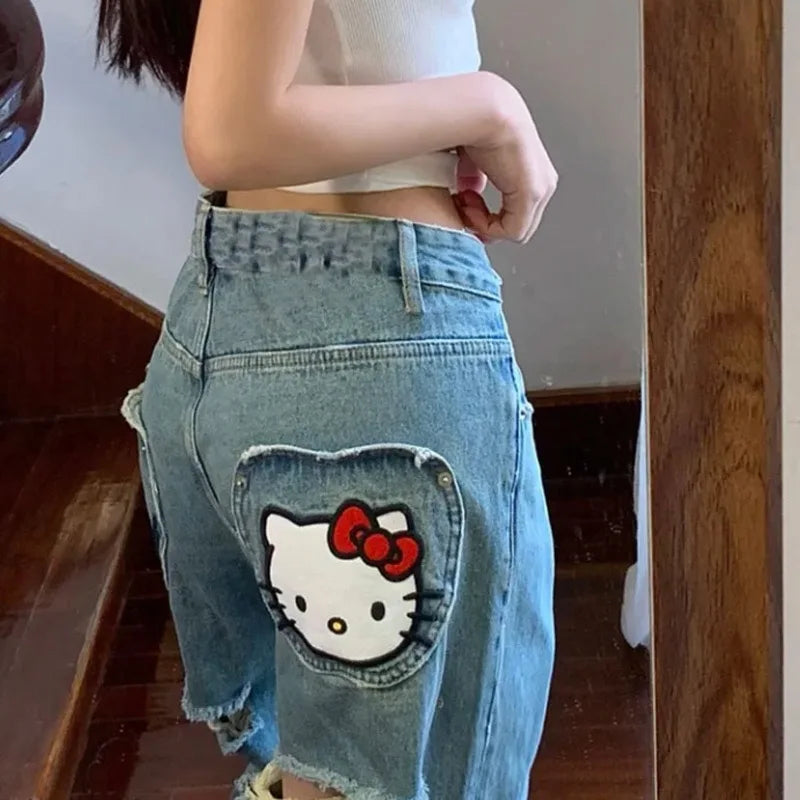 TAMBREET Sanrio Hello Kitty Jeans Women Cartoon Embreoideried Fashion Pants High Street Ripped Jeans Y2k Aesthetic Trend Denim Trousers