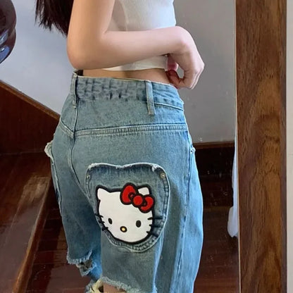 TAMBREET Sanrio Hello Kitty Jeans Women Cartoon Embreoideried Fashion Pants High Street Ripped Jeans Y2k Aesthetic Trend Denim Trousers