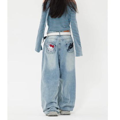 TAMBREET Sanrio Hello Kitty Y2k Baggy Jeans High Waist Wide Leg Pants Women American Street Retro Femme Hello Kitty Stuff Y2k Clothes