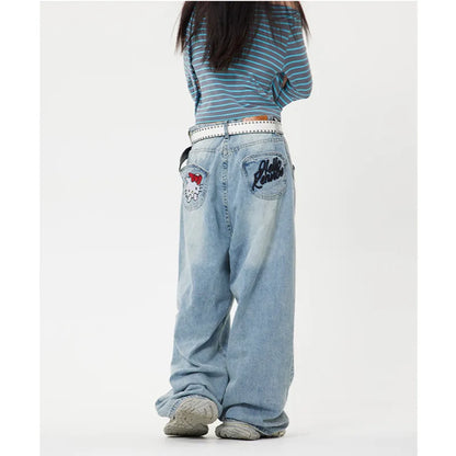 TAMBREET Sanrio Hello Kitty Y2k Baggy Jeans High Waist Wide Leg Pants Women American Street Retro Femme Hello Kitty Stuff Y2k Clothes