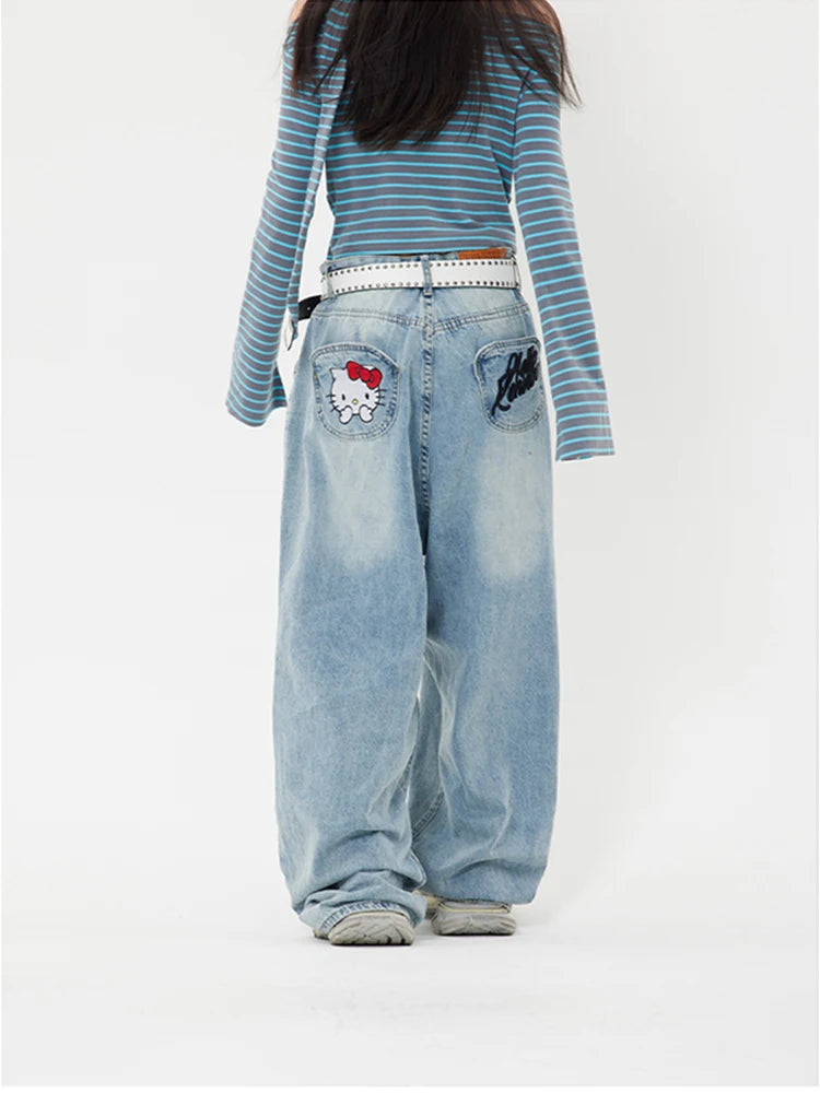 TAMBREET Sanrio Hello Kitty Y2k Baggy Jeans High Waist Wide Leg Pants Women American Street Retro Femme Hello Kitty Stuff Y2k Clothes