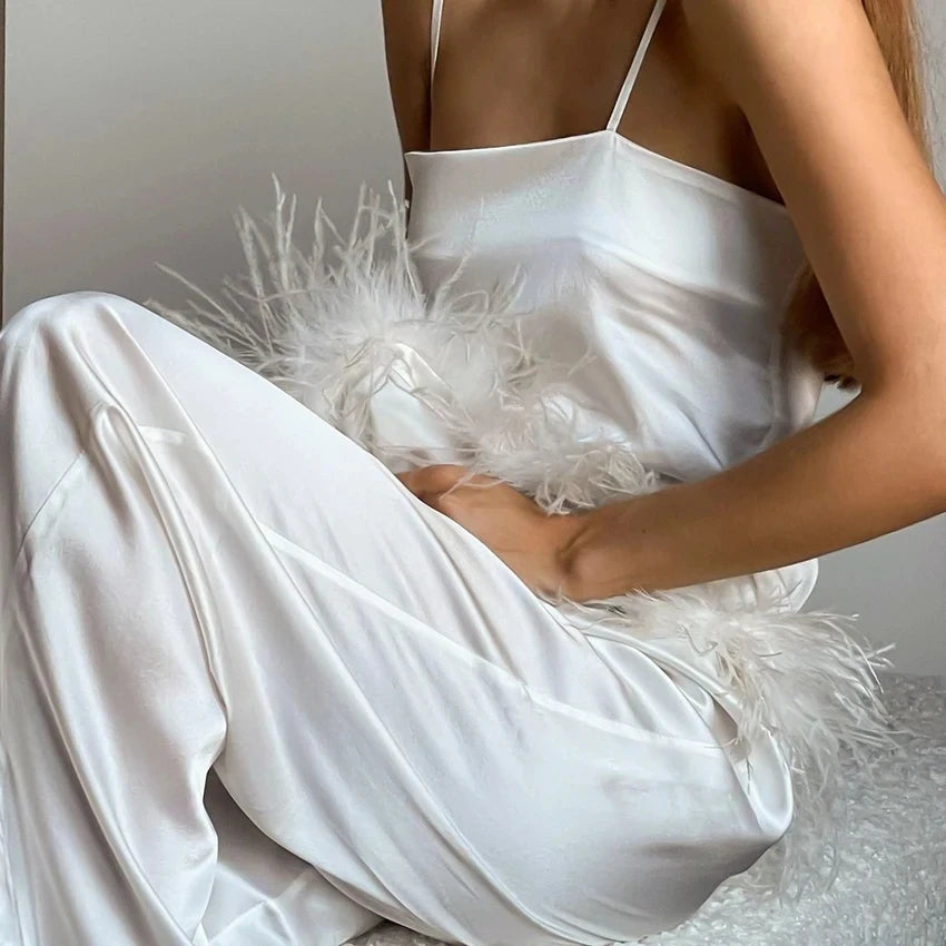 TAMBREET Satin Pajamas With Feathers Sleepwear Women Sets With Pants Black Spaghetti Strap Home Suit White Trouser Suits 2024