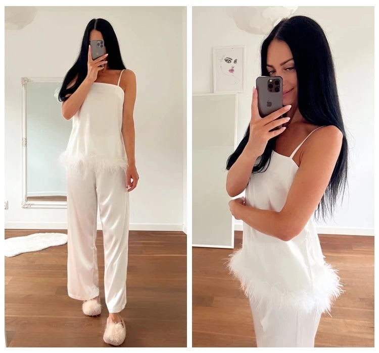 TAMBREET Satin Pajamas With Feathers Sleepwear Women Sets With Pants Black Spaghetti Strap Home Suit White Trouser Suits 2024