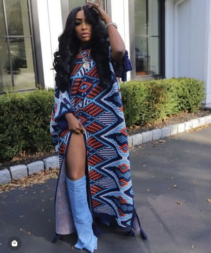 TAMBREET African Fashion Lady Winter Popular Printed Streetwear Kaftan Maxi Dresses Sexy Lady Night Club Nacy Blue Long Abaya for Party