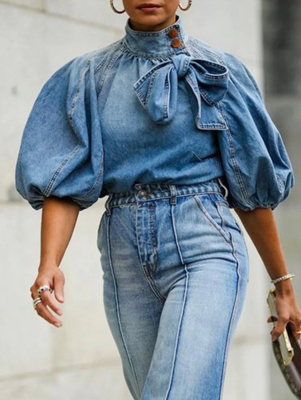 TAMBREET Casual Denim Shirt Women's Versatile Basic Loose Blouse Stand Collar Lantern Sleeve Female Bow Decor Lace-up Tops Spring Autumn