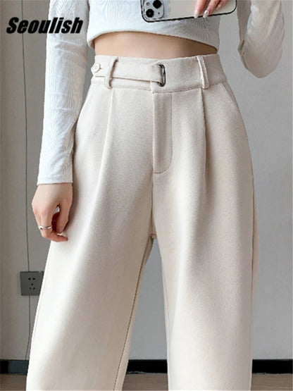 TAMBREET Seoulish Autumn Winter Thicken Woolen Casual Loose Full Length Pants 2024 New Button High Waist Chic Wide Leg Trousers Female