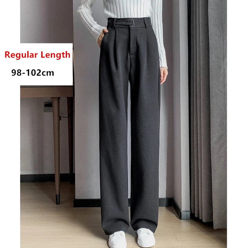 TAMBREET Seoulish Autumn Winter Thicken Woolen Casual Loose Full Length Pants 2024 New Button High Waist Chic Wide Leg Trousers Female