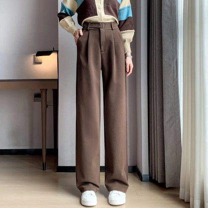 TAMBREET Seoulish Autumn Winter Thicken Woolen Casual Loose Full Length Pants 2024 New Button High Waist Chic Wide Leg Trousers Female