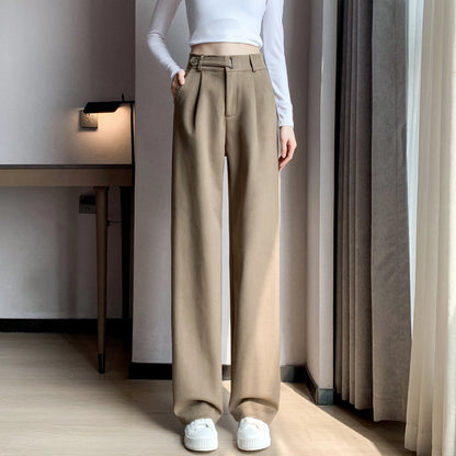 TAMBREET Seoulish Autumn Winter Thicken Woolen Casual Loose Full Length Pants 2024 New Button High Waist Chic Wide Leg Trousers Female