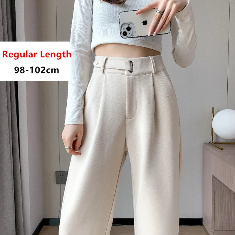 TAMBREET Seoulish Autumn Winter Thicken Woolen Casual Loose Full Length Pants 2024 New Button High Waist Chic Wide Leg Trousers Female