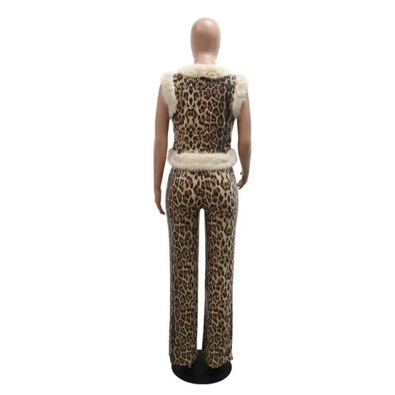 TAMBREET Sequins Leopard Print Luxury 2 Piece Set Women Fluffy Faux Fur Patchwork Sleeveless Vests Coat Top + Wide Leg Pants Streetwear