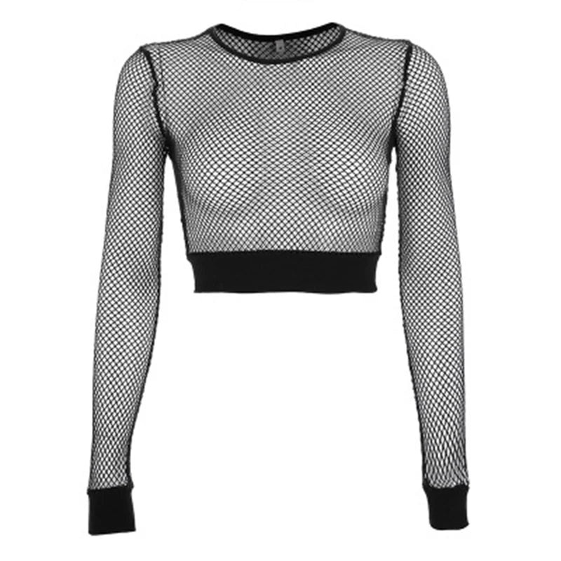 TAMBREET Sexy Black Hollow Out Mesh T-Shirt Female Skinny Crop Top 2024 New Fashion Summer Basic Tops For Women Fishnet Shirt