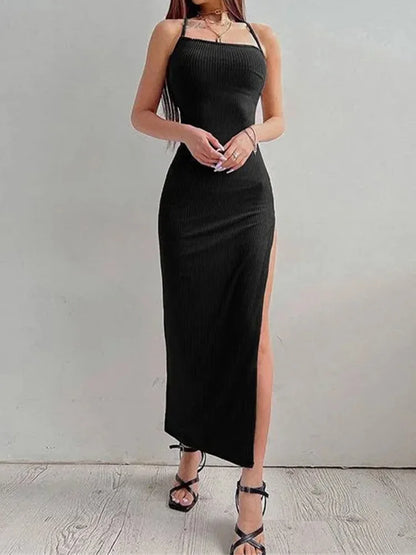 TAMBREET Sexy Black Long Bodycon Dress Women Summer Sleeveless Blackless Halter Neck Spaghetti Strap Dresses High Split Vestidos