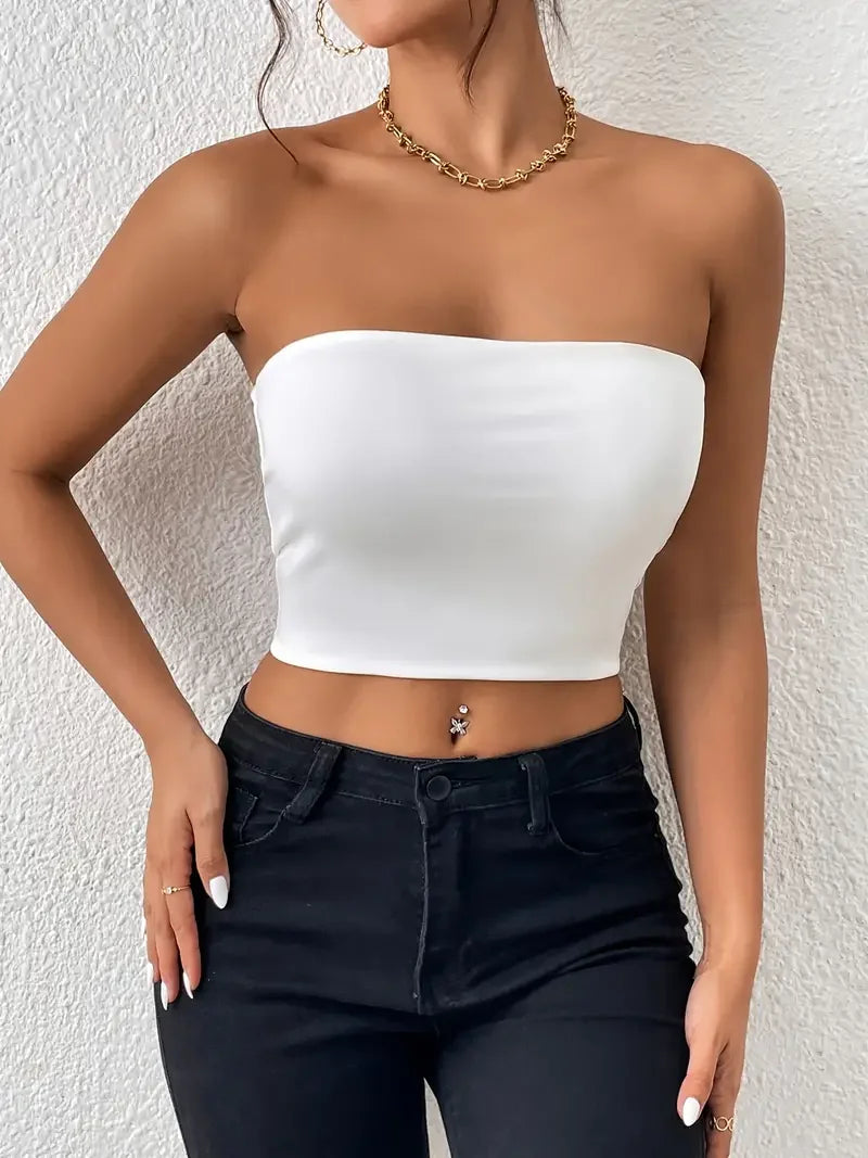 TAMBREET Sexy Bodycon Crop Tube Top, Solid Stretchy Tube Top, Casual Every Day Tops, Women's Clothing