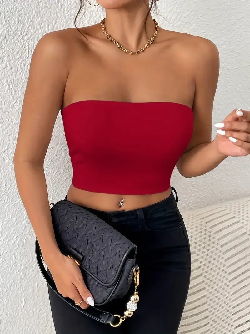 TAMBREET Sexy Bodycon Crop Tube Top, Solid Stretchy Tube Top, Casual Every Day Tops, Women's Clothing