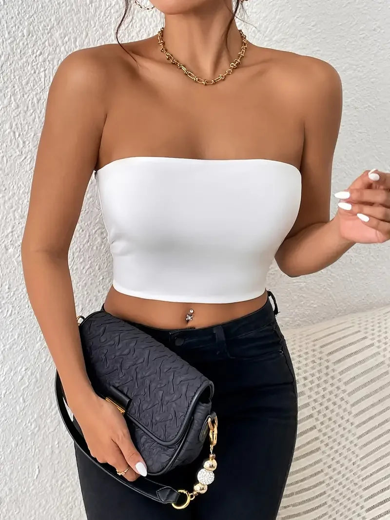 TAMBREET Sexy Bodycon Crop Tube Top, Solid Stretchy Tube Top, Casual Every Day Tops, Women's Clothing