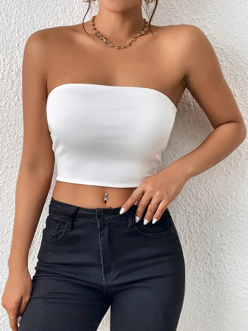 TAMBREET Sexy Bodycon Crop Tube Top, Solid Stretchy Tube Top, Casual Every Day Tops, Women's Clothing