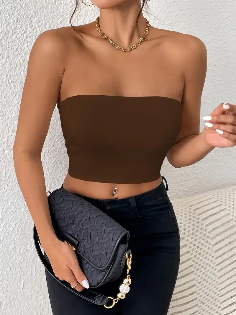 TAMBREET Sexy Bodycon Crop Tube Top, Solid Stretchy Tube Top, Casual Every Day Tops, Women's Clothing