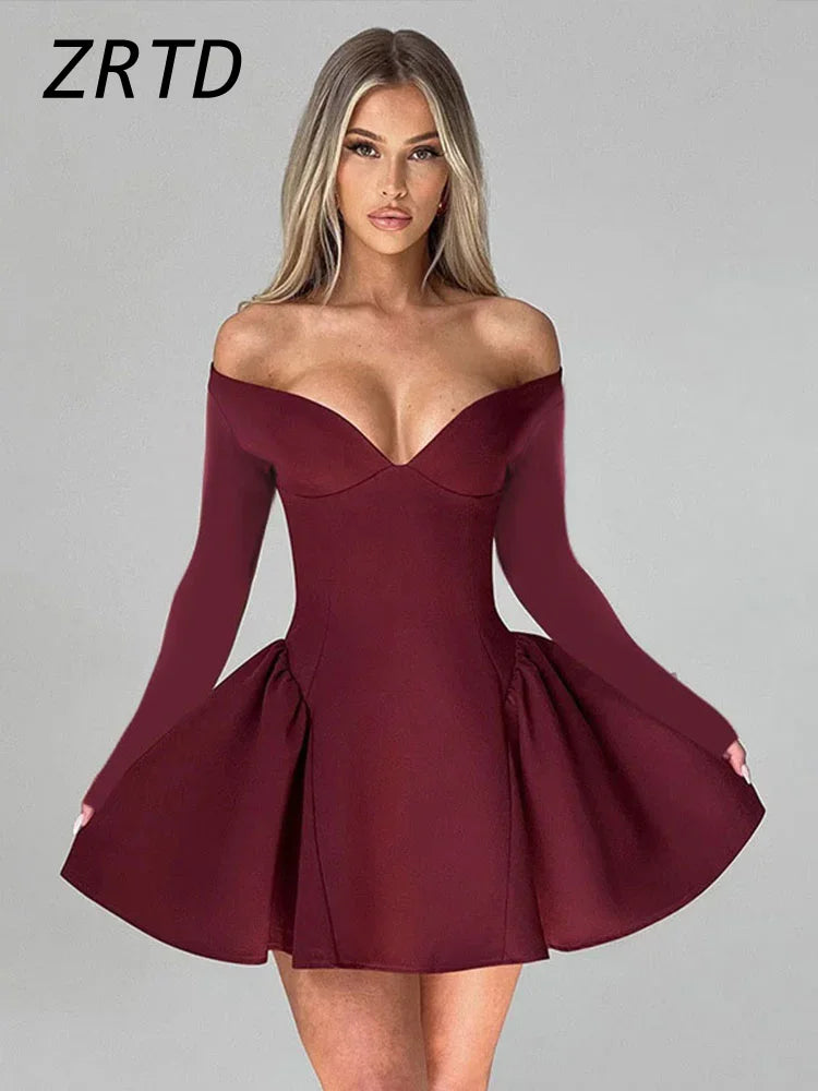 TAMBREET Sexy Burgundy Off Shoulder Short Party Dress Women Slim Backless Long Sleeve A-line Dresses 2024 Lady Elegant Solid Ball Gowns