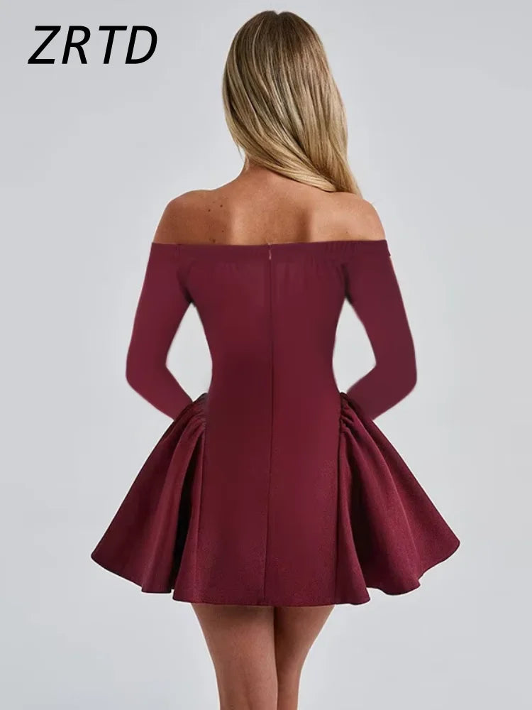 TAMBREET Sexy Burgundy Off Shoulder Short Party Dress Women Slim Backless Long Sleeve A-line Dresses 2024 Lady Elegant Solid Ball Gowns