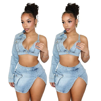 TAMBREET Sexy Club Party Denim Two Piece Set for Women Y2K Clothing Asymmetric One Sleeve Crop Top and Mini Skirt Matching Sets Outfits