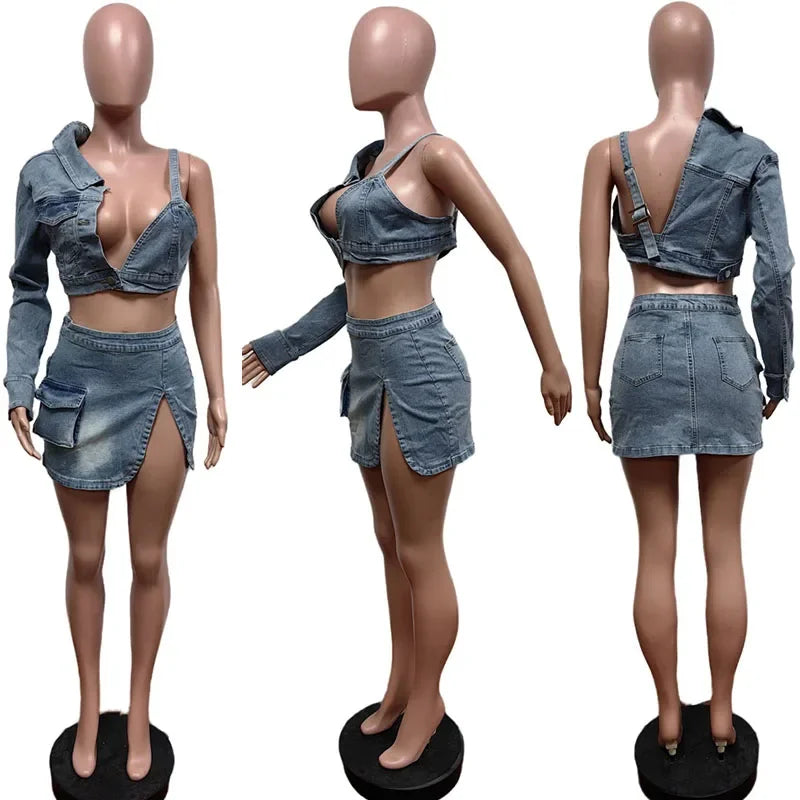 TAMBREET Sexy Club Party Denim Two Piece Set for Women Y2K Clothing Asymmetric One Sleeve Crop Top and Mini Skirt Matching Sets Outfits