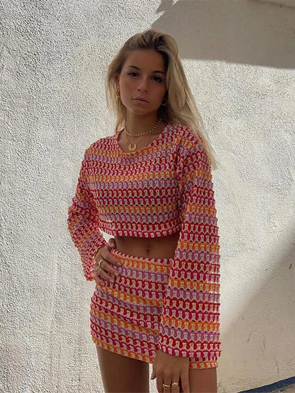 TAMBREET Sexy Colorful Stripe Printed Crop Top Mini Dress Suit Women Chic Round Neck Flare Long Sleeve Short Tops Hip Wrap Slim Skirt Set