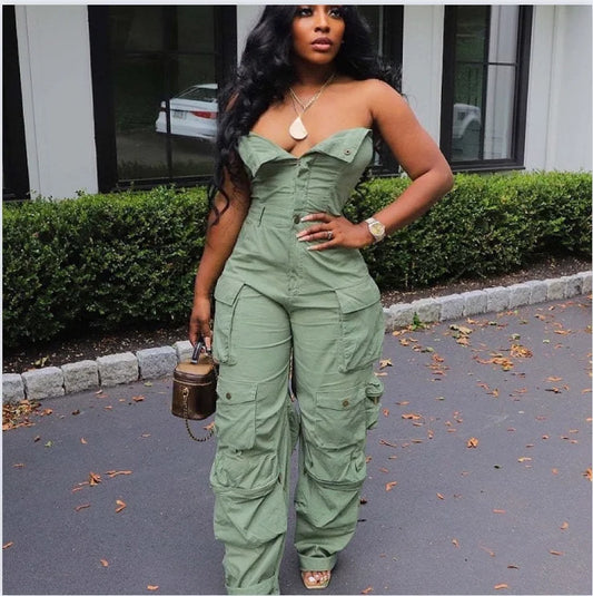 TAMBREET Sexy Fashion Multiple Pockets Strapless Sleeveless Jumpsuit Y2K Street Cargo Rompers Women One Piece Overalls Clothing