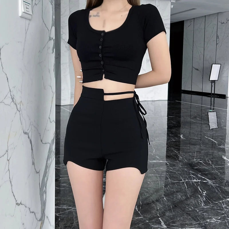 TAMBREET Sexy High-Waist Hot Girl Lace-up Black Shorts  Girl Group Street Dance Outfits Y2k Clothes Music Festival Clothing