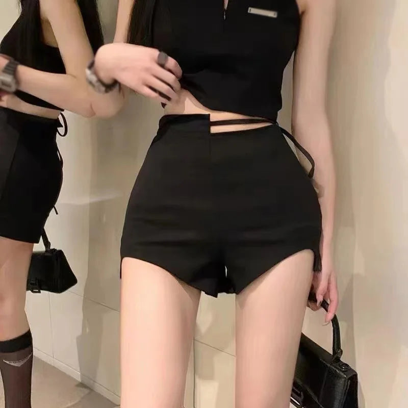 TAMBREET Sexy High-Waist Hot Girl Lace-up Black Shorts  Girl Group Street Dance Outfits Y2k Clothes Music Festival Clothing