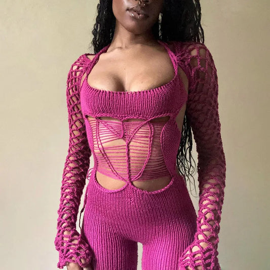 TAMBREET Sexy Outfits Hollow Out Knitted Jumpsuits Women Hole Rompers Jumpsuits Long Sleeve Backless One-piece Crochet  Overalls 2024