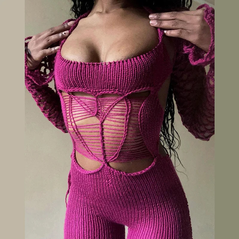 TAMBREET Sexy Outfits Hollow Out Knitted Jumpsuits Women Hole Rompers Jumpsuits Long Sleeve Backless One-piece Crochet  Overalls 2024