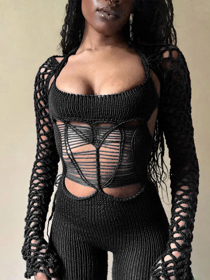 TAMBREET Sexy Outfits Hollow Out Knitted Jumpsuits Women Hole Rompers Jumpsuits Long Sleeve Backless One-piece Crochet  Overalls 2024