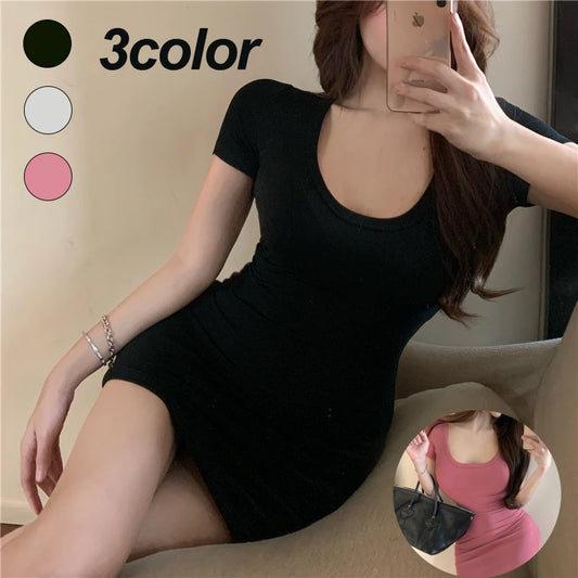 TAMBREET Sexy Pure Lust Short Slim Fit Chili Girl Dress Women Summer Short Pink Waist Slimming Dress U-neck Design Polyester Fabric