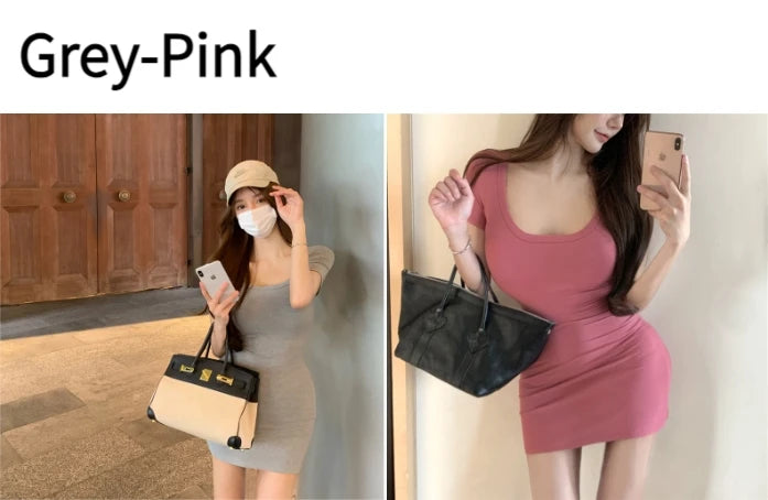 TAMBREET Sexy Pure Lust Short Slim Fit Chili Girl Dress Women Summer Short Pink Waist Slimming Dress U-neck Design Polyester Fabric