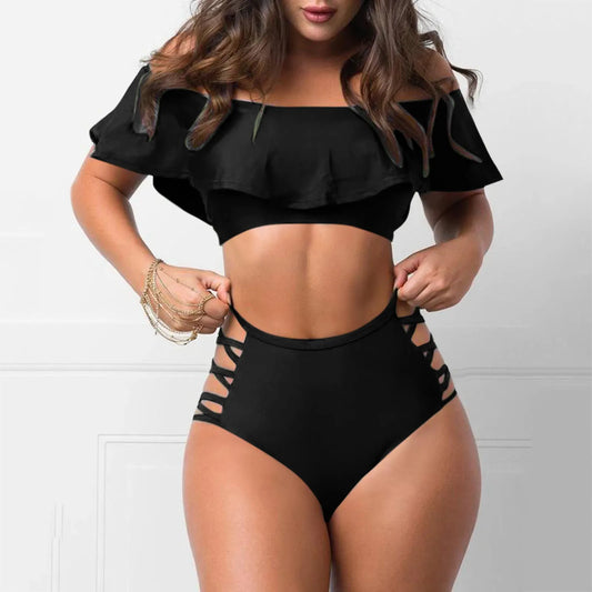 TAMBREET Sexy Ruffled Off Shoulder Bikini Sets Bandage Swimsuit Women High Waist Bandeau Push Up Swimwear Set Beach Mujer Biquini Suit