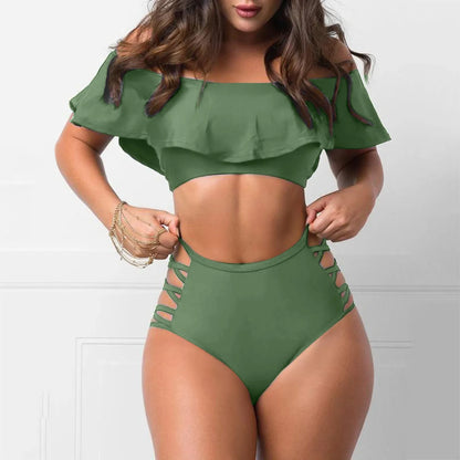 TAMBREET Sexy Ruffled Off Shoulder Bikini Sets Bandage Swimsuit Women High Waist Bandeau Push Up Swimwear Set Beach Mujer Biquini Suit