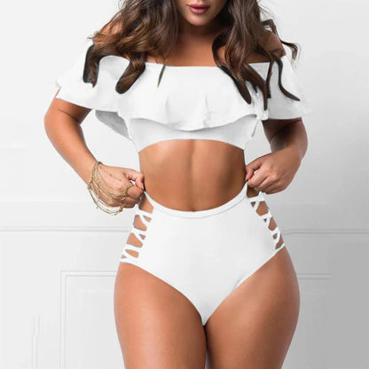 TAMBREET Sexy Ruffled Off Shoulder Bikini Sets Bandage Swimsuit Women High Waist Bandeau Push Up Swimwear Set Beach Mujer Biquini Suit