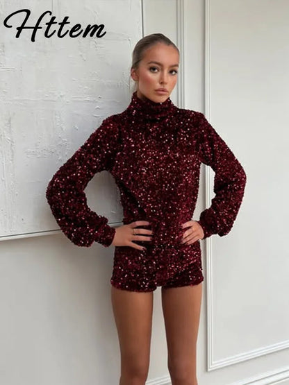 TAMBREET Sexy Sequined Turtleneck Tops Shorts Sets Women Stand Collar Long Sleeve Top High Waist Short Pants 2025 Spring Lady Y2k Outfits