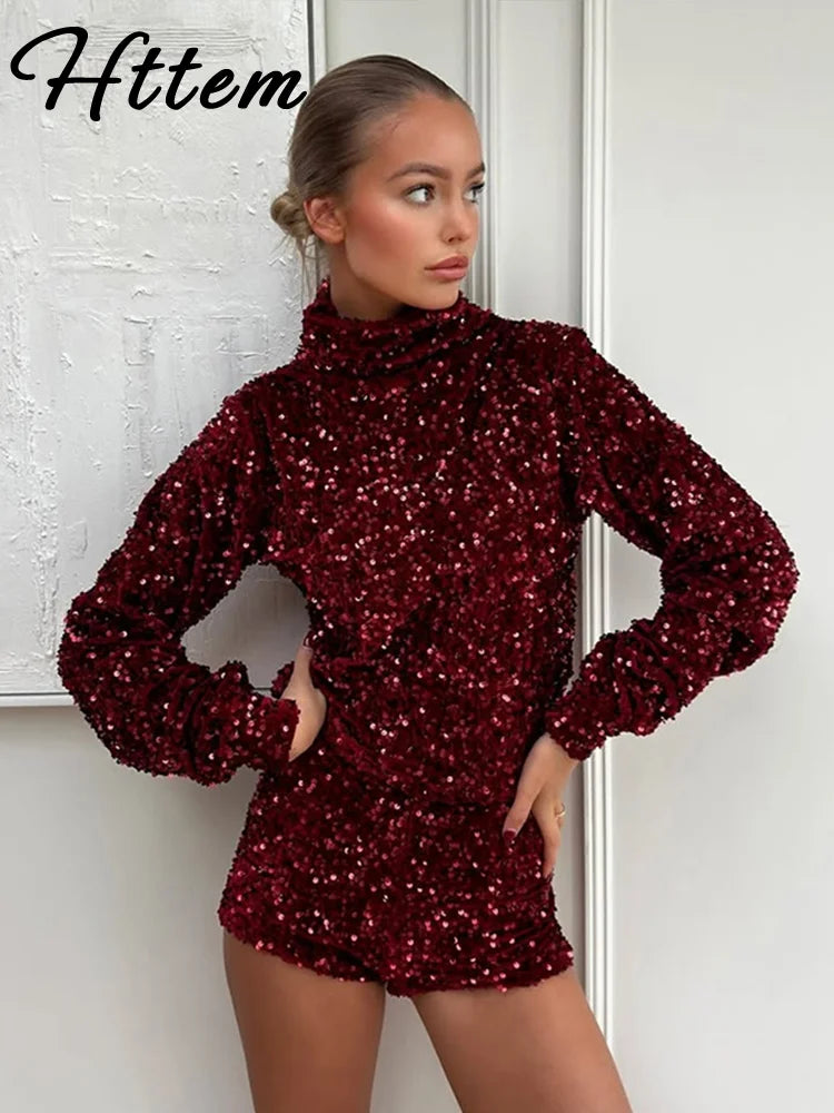 TAMBREET Sexy Sequined Turtleneck Tops Shorts Sets Women Stand Collar Long Sleeve Top High Waist Short Pants 2025 Spring Lady Y2k Outfits