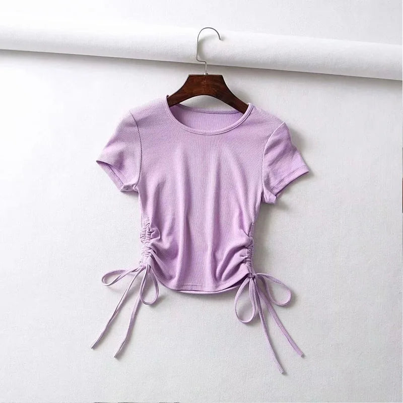 TAMBREET Sexy Side Drawstring Tie Up Ruched Tank Tops Women Solid Color Slim Crop Top Ladies Streetwear Ribbed Knitted Tees