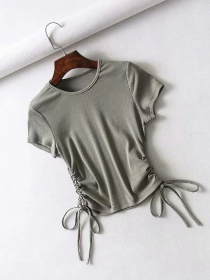 TAMBREET Sexy Side Drawstring Tie Up Ruched Tank Tops Women Solid Color Slim Crop Top Ladies Streetwear Ribbed Knitted Tees