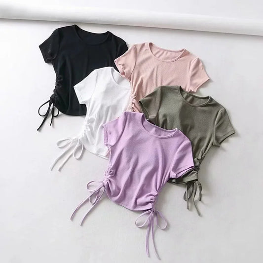 TAMBREET Sexy Side Drawstring Tie Up Ruched Tank Tops Women Solid Color Slim Crop Top Ladies Streetwear Ribbed Knitted Tees