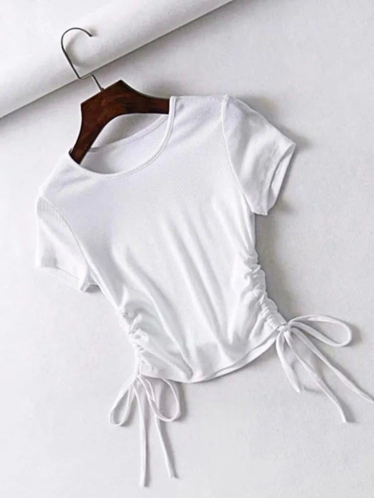 TAMBREET Sexy Side Drawstring Tie Up Ruched Tank Tops Women Solid Color Slim Crop Top Ladies Streetwear Ribbed Knitted Tees