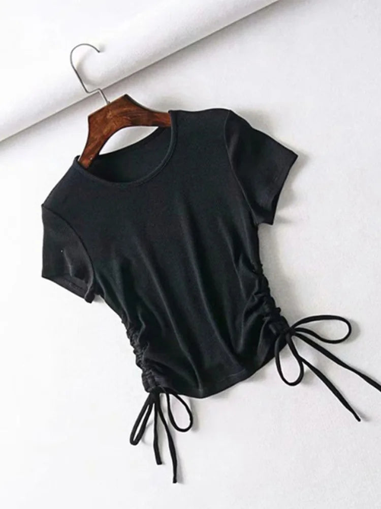 TAMBREET Sexy Side Drawstring Tie Up Ruched Tank Tops Women Solid Color Slim Crop Top Ladies Streetwear Ribbed Knitted Tees