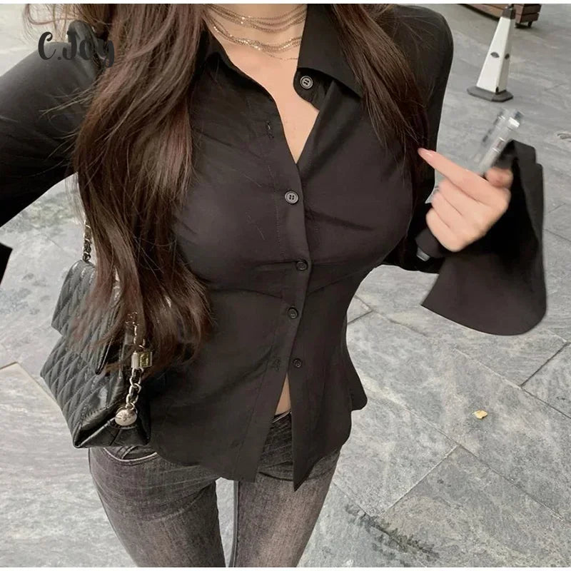 TAMBREET Sexy Solid Slim Flared Sleeve Women Shirt Lapel Single-breasted Back Bandage Tunic Female Blouses 2024 Spring Trend New Lady Top