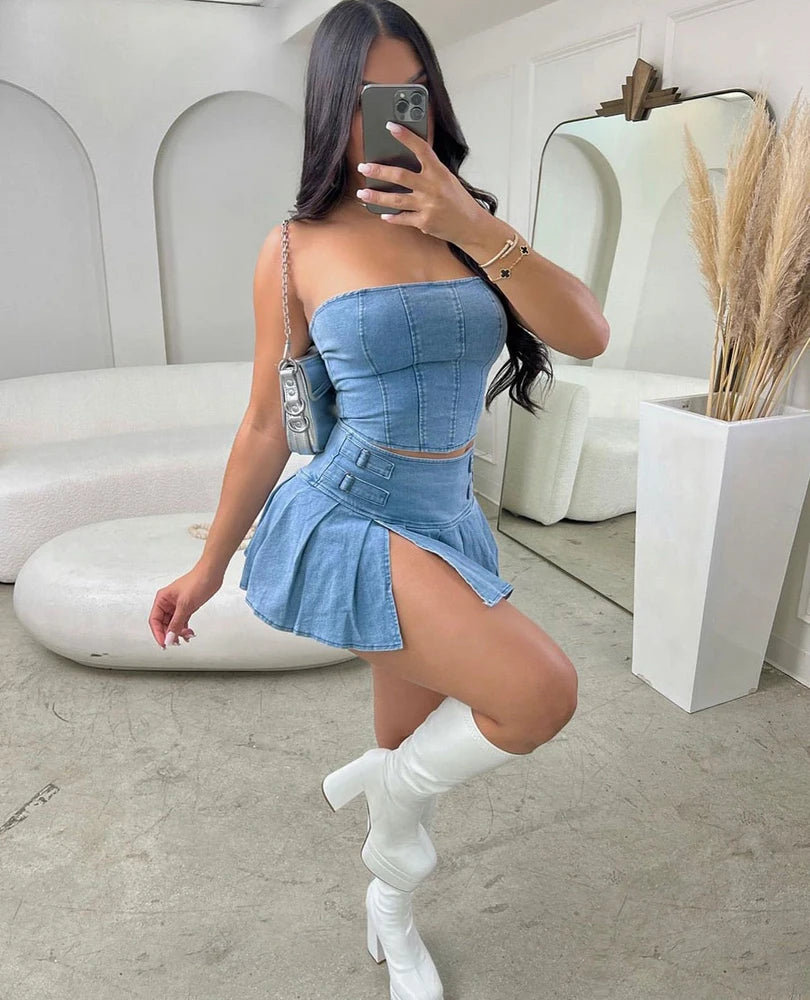 TAMBREET Sexy Summer Outfits Women 2024 Fashion Jean Dress with Skirt 2 Piece Sets Bustier Blue Denim Two Piece Outfit Split Skirt Set